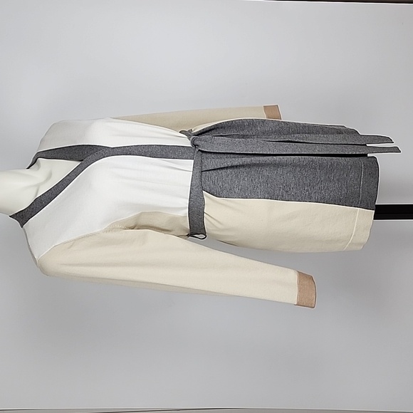 Vila Milano Open Front Belted Long Cardigan  Geometric Beige Grey Size Large - Picture 2 of 14